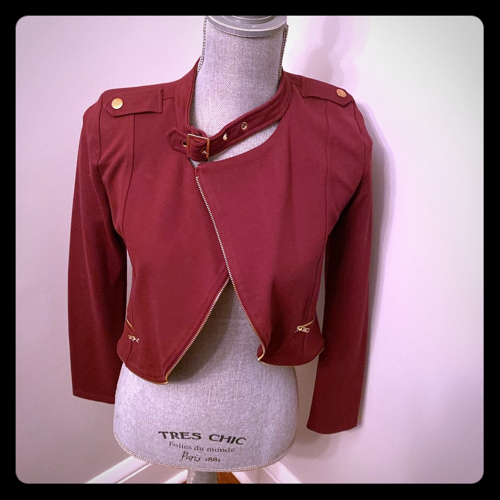Burgundy Blazer with rose gold/gold hardware.